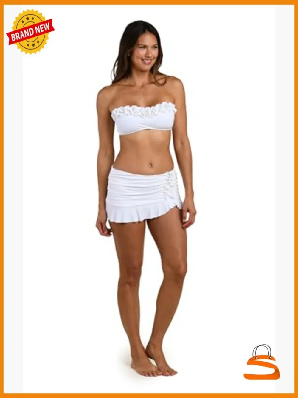 Bandeau Bikini Top with Ruffles, Molded Cups, Adjustable Fit, Size 10